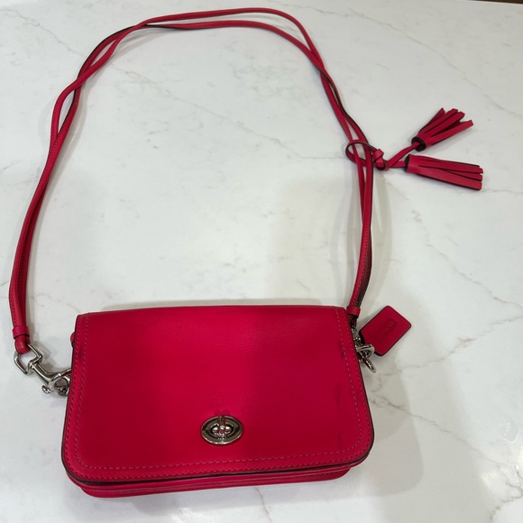 COACH Bright Pink Leather Crossbody Bag Tassel Accent Turn Lock Closure - Picture 3 of 11